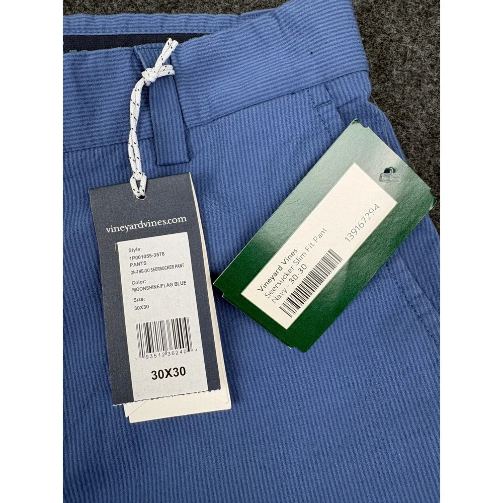 Vineyard Vines On-The-Go Seersucker Slim Fit Pants Mens 30x30 Moonshine Blue NEW